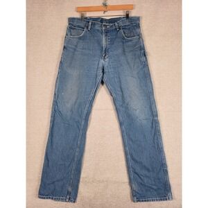 VTG Key Industries Carpenter Work Pants Light Blue Denim Stained Thrashed 36x33